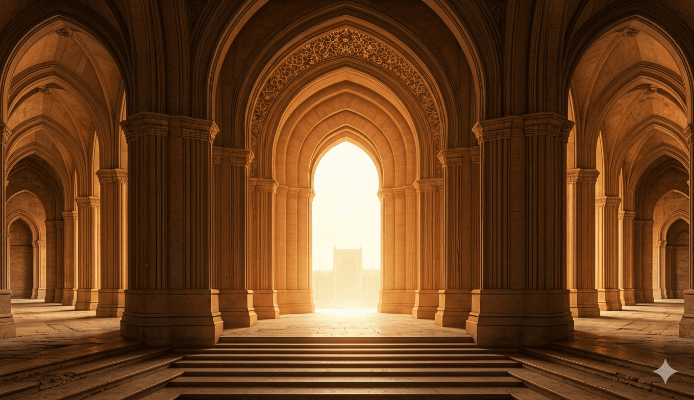 Ancient stone archway bathed in warm golden light